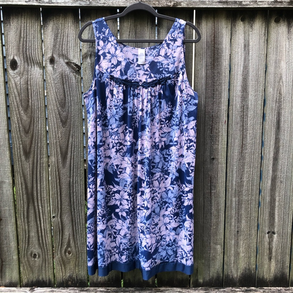 Vanity Fair Satin Nightgown Size L Vintage 90s Navy Pink Slip Dress Sleepwear